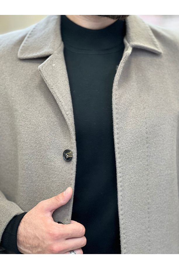 bej vizon palto parsesü model kışlık ceket yaka yünlü kumaş uzun erkek kaban - 2