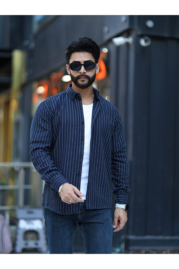Men's Navy Blue Striped Stand Collar Lumberjack Shirt