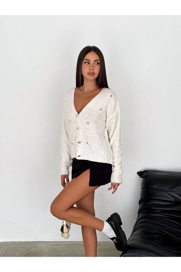 Bead Embroidered Mohair V-Neck Cardigan