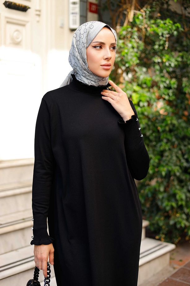 Kadın Merserize Yakası Taş Detaylı Fırfırlı Triko Elbise - 6