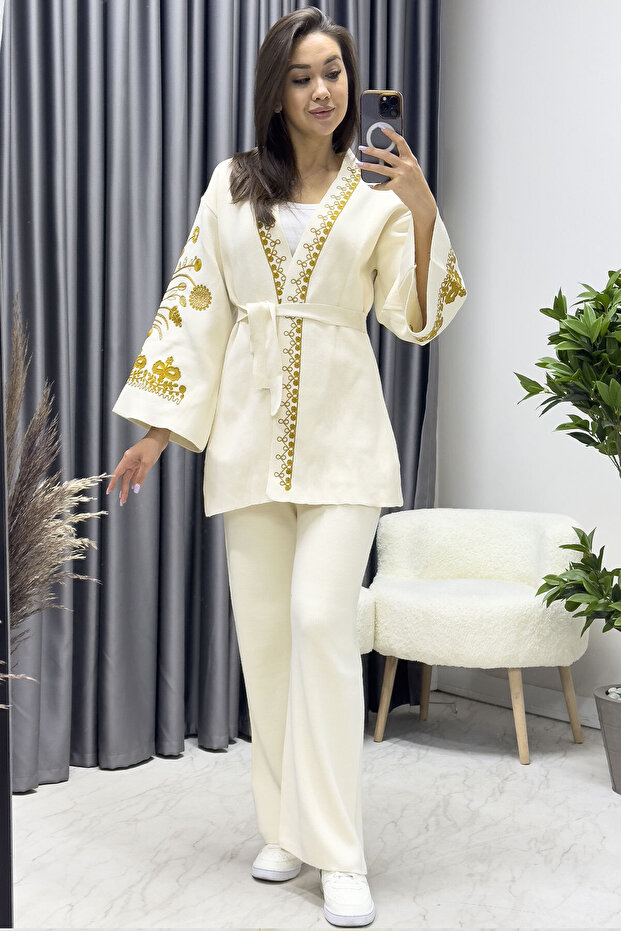 Ethnic Patterned Embroidered Women's Kimona - Double Knitwear Set Black, Brown, White