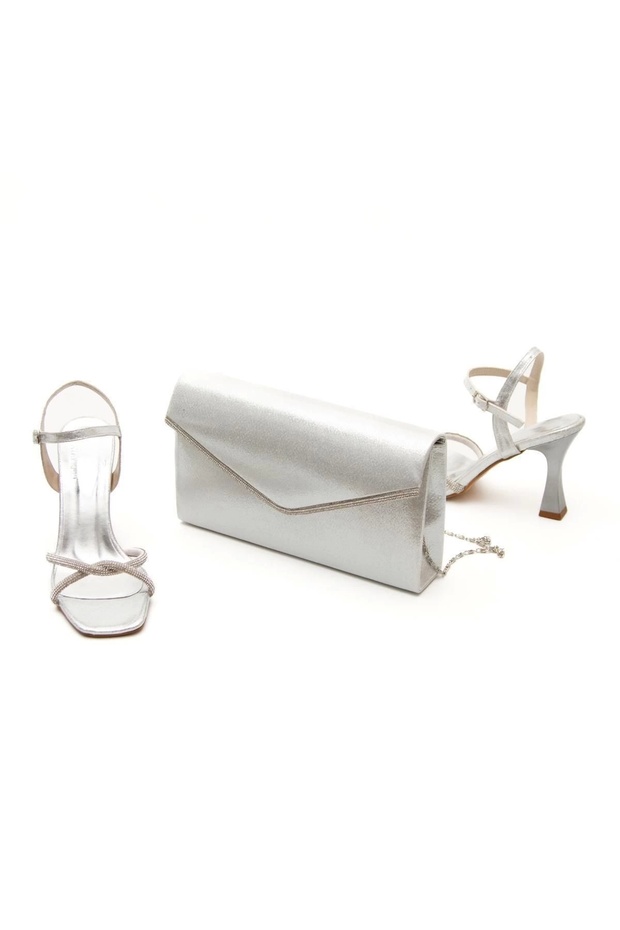 Women's Stoned Shoes Bag Combination Silver