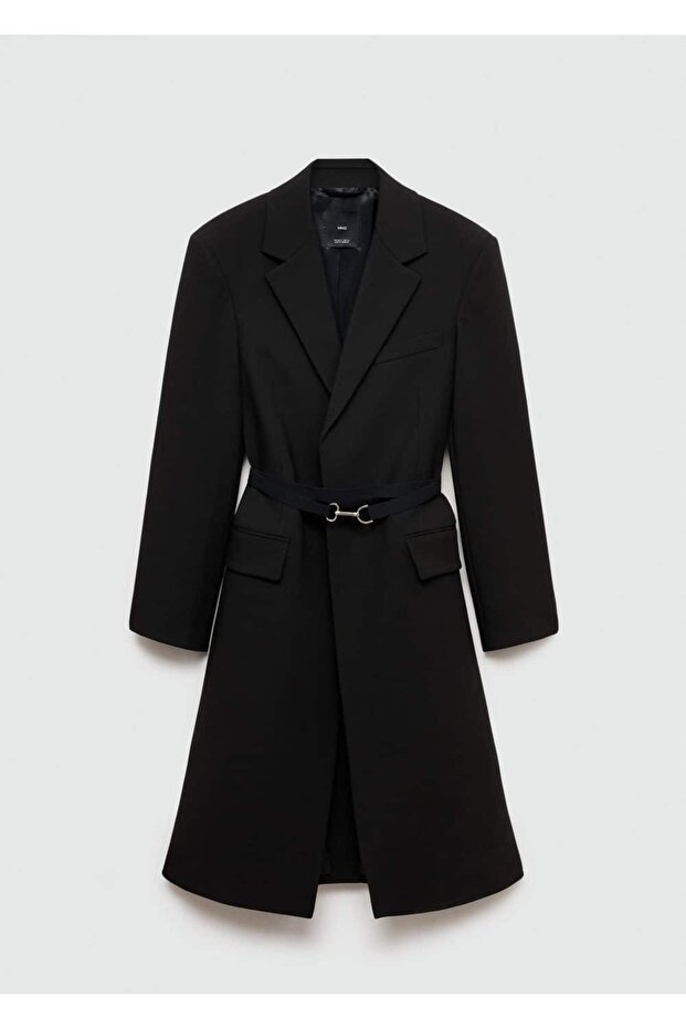 Kemerli, kalıplı çift kumaş palto - 3