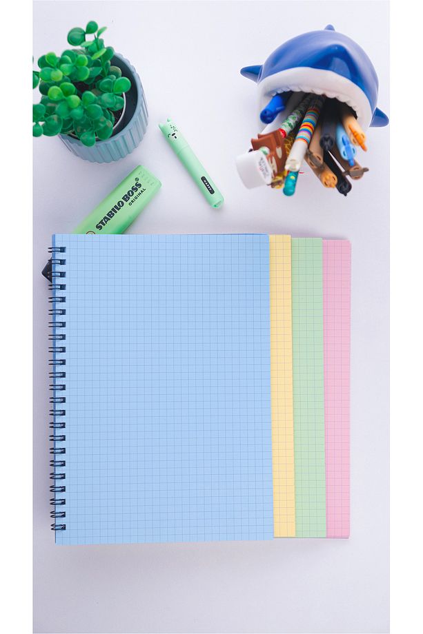 A5 Spiralli Okul Defteri 50 Yaprak 100 Sayfa 4'lü Set - Kareli Defter - Renkli Defter - 3