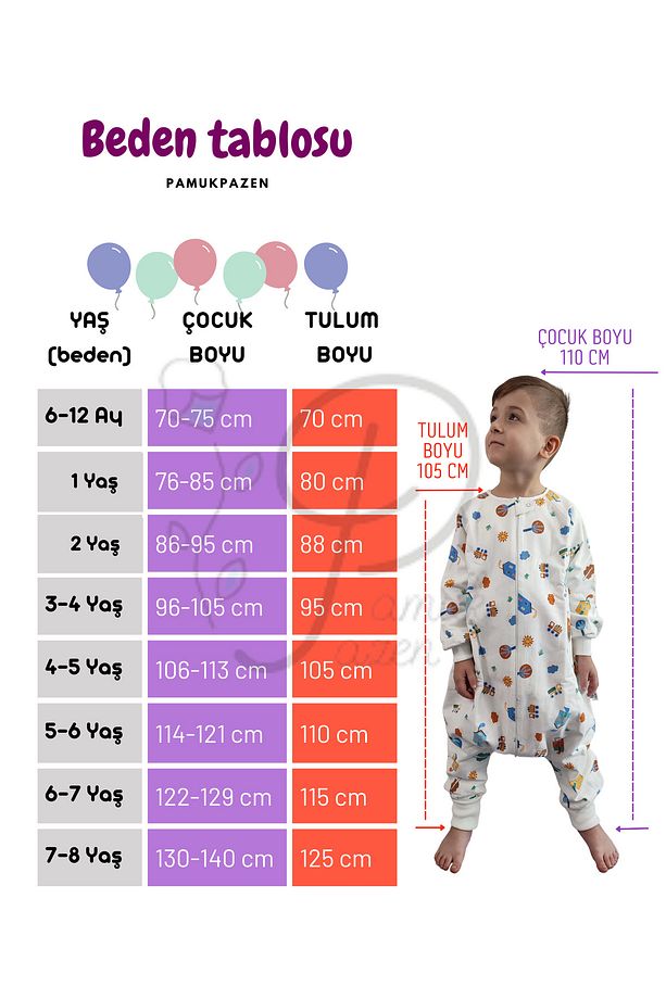 Kollu Bebek Çocuk Uyku Tulumu %100 Pamuk Çift Kat 20-24 Derece 1 Tog Geniş ve Uzun Kalıp - 3