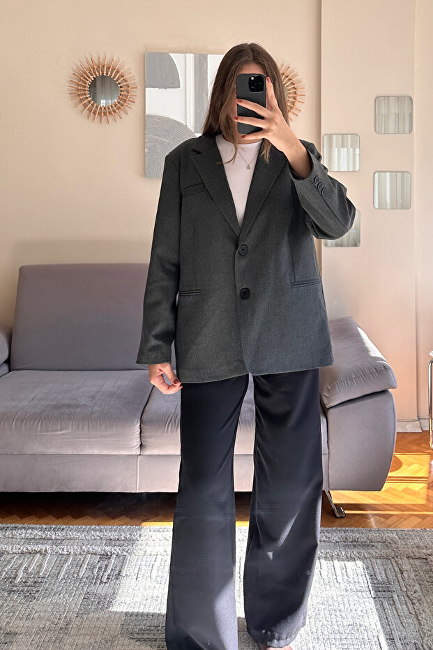 Antrasit Premium Çift Düğmeli Oversize Blazer Ceket - 7