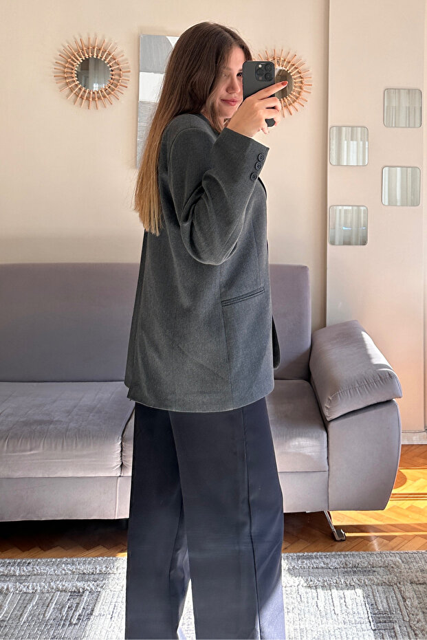 Antrasit Premium Çift Düğmeli Oversize Blazer Ceket - 8