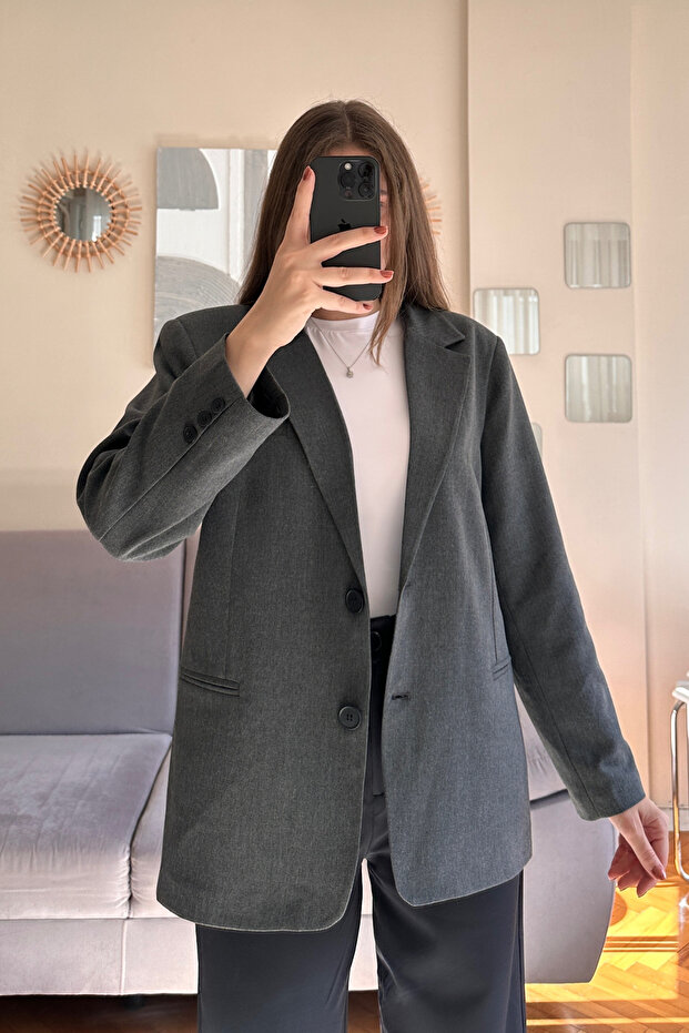 Antrasit Premium Çift Düğmeli Oversize Blazer Ceket - 3