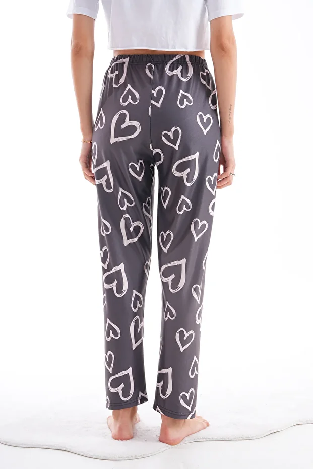 Heart Patterned Soft Textured Elastic Waist Lycra Pajama Bottom - 2