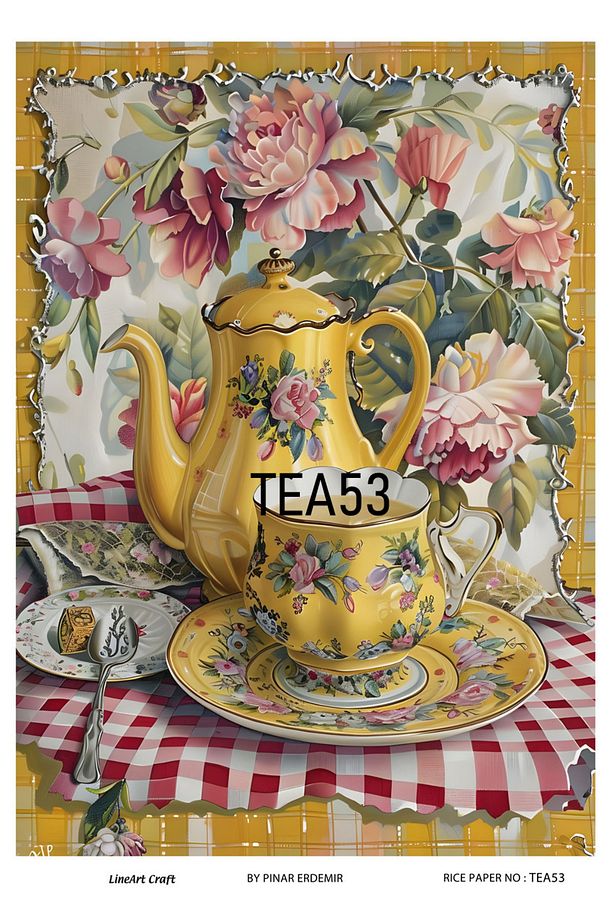 Tea,Sarı Çaydanlık,Fincan, Çiçekler Deseni TEA Serisi Pirinc Dekopaj Kagıdı  29X42cm No:TEA53 - 1