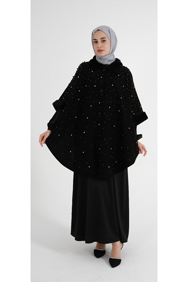 Design Abaya Tricot Poncho with Zircon Stone and Pearl Detail 02
