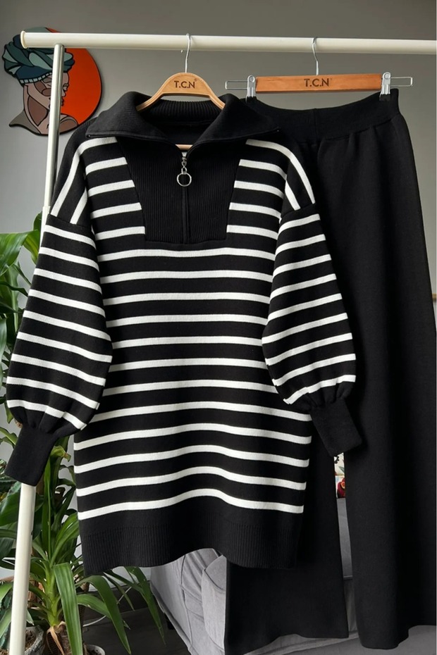 Collar Zippered Striped Knitwear Set (Standard Size)