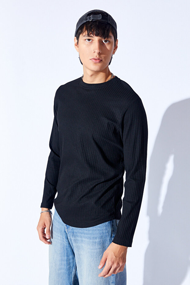 Siyah Bisiklet Yaka Jakarlı Dokulu Kumaş Slim Fit Basic Uzun Kol Erkek Tshirt | EE1000229956 - 3