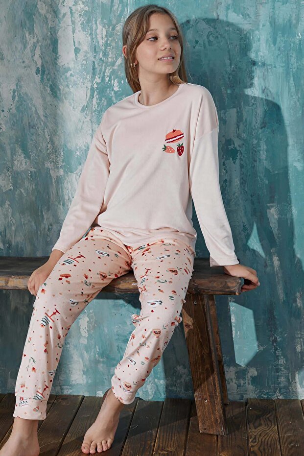 Salmon Macoron Patterned Exclusive Velvet Girl's Pajama Set