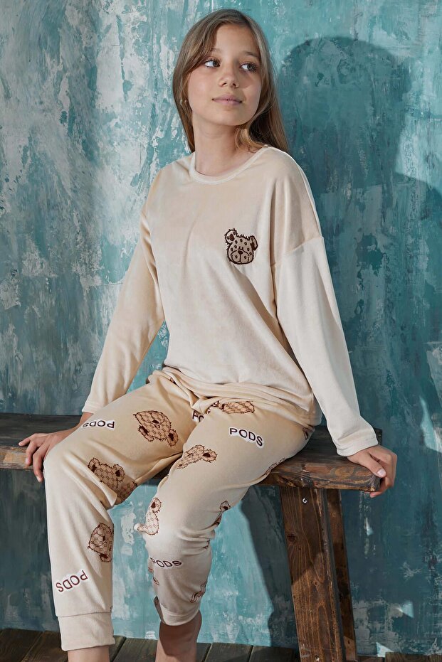 Brown Bear Head Patterned Exclusive Velvet Girl's Pajama Set