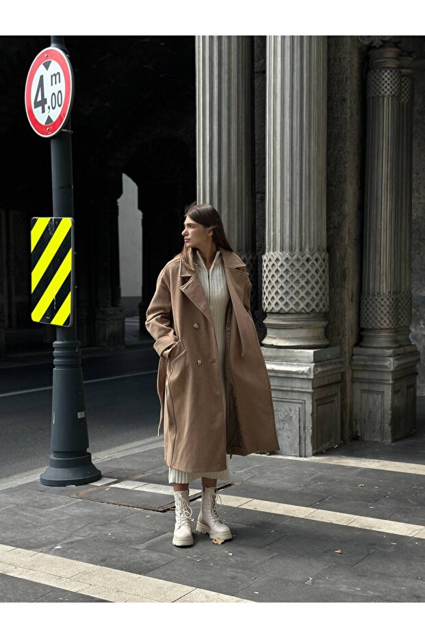 Women's Cuff Detailed Belted Long Cuff Coat Overcoat