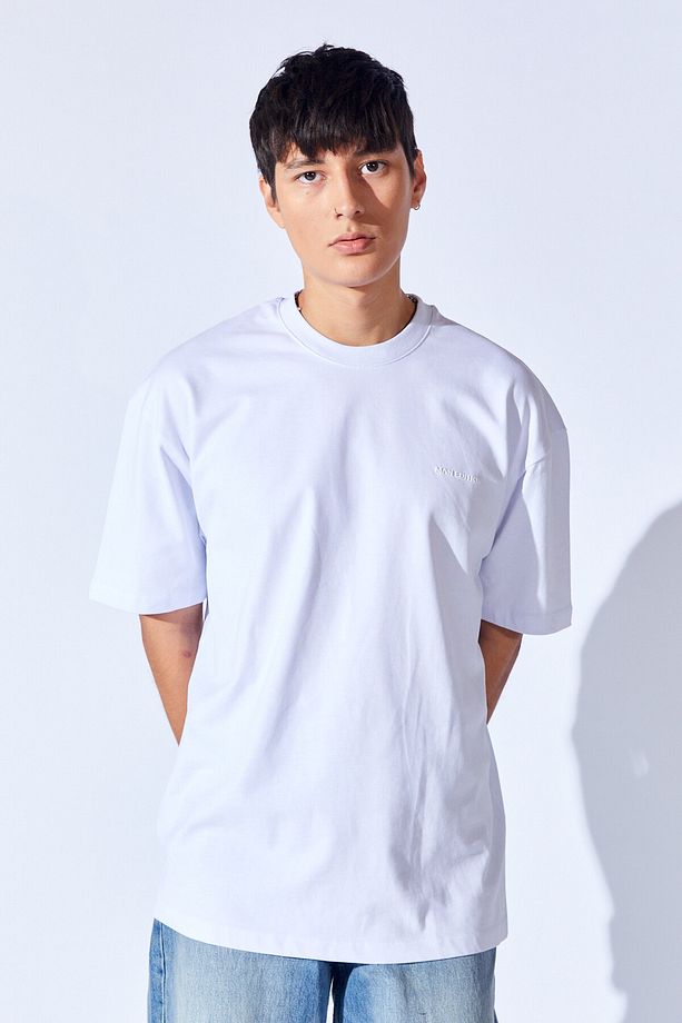 Beyaz  Kalın Gramajlı Soft Dokulu Fırçalı Yüksek Baskılı Oversize Erkek Tshirt | MNN211049-01 - 4