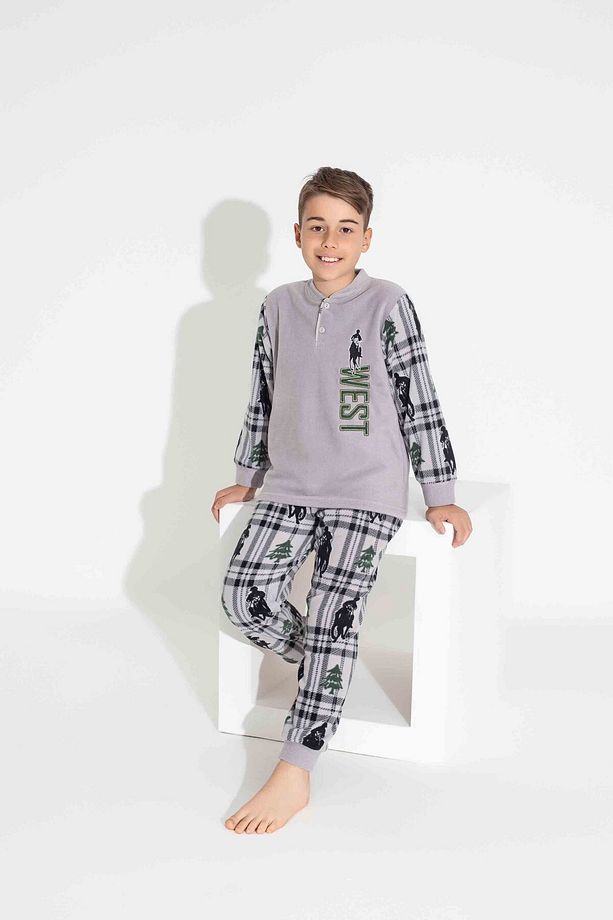 Erkek Genç Ve Çocuk West Nakışlı Uzun Kollu Polar Kumaş Kışlık Sıcak Tutan Pijama Takımı - 1