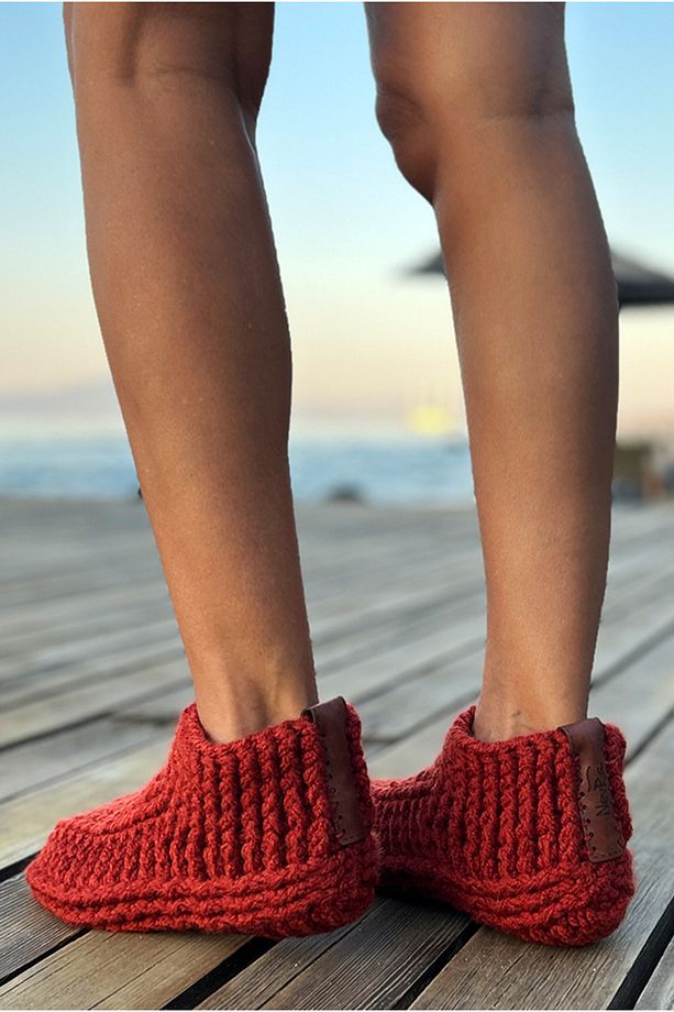El Örgüsü Tığ İşi Örgü Yün Patik Ev Terliği Botu Taba Kiremit Rengi - 3