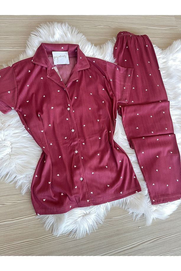 Koyu Pembe Kalp Desenli Pegasus Kısa Kol Pijama Takımı - 6
