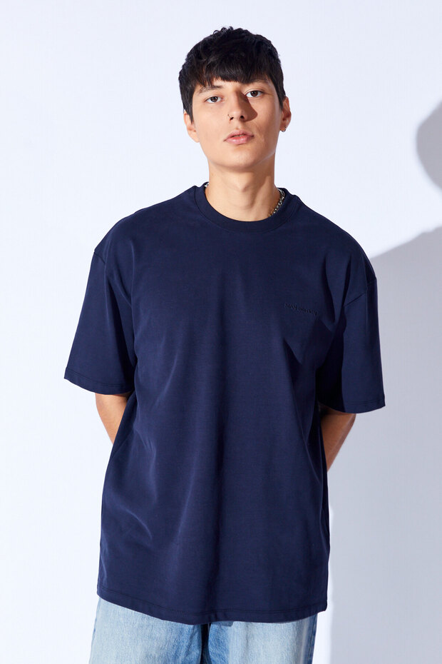 Lacivert  Kalın Gramajlı Soft Dokulu Fırçalı Yüksek Baskılı Oversize Erkek Tshirt | MNN211049-01 - 3