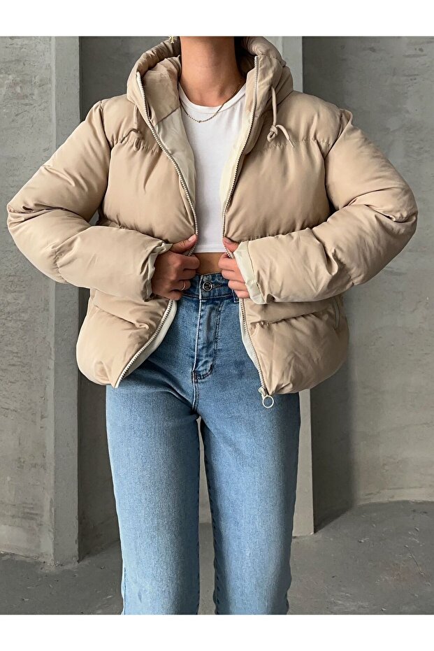 KADIN KREM KAPÜŞONLU MONT - 2