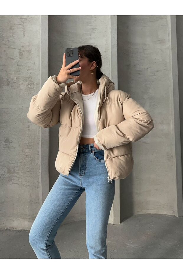 KADIN KREM KAPÜŞONLU MONT - 1