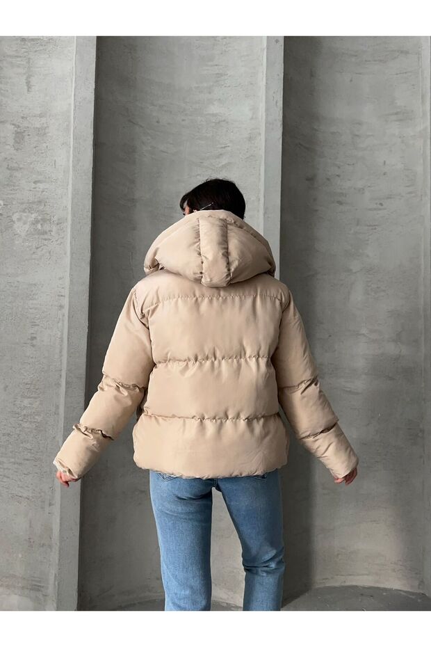 KADIN KREM KAPÜŞONLU MONT - 7