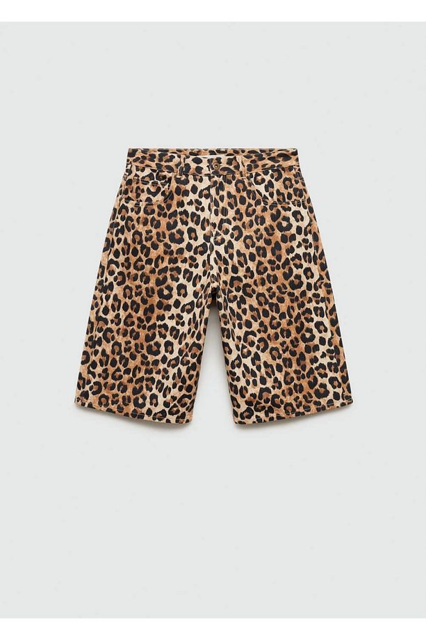 Leopar desenli denim bermuda şort - 2
