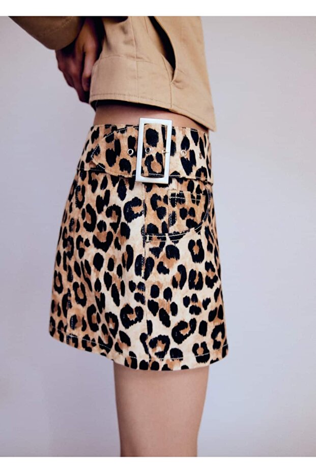 Leopar denim mini etek - 6