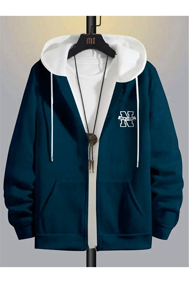 Men's Fragmented Petrol Blue New York Printed Hooded Zip-Up Cardigan