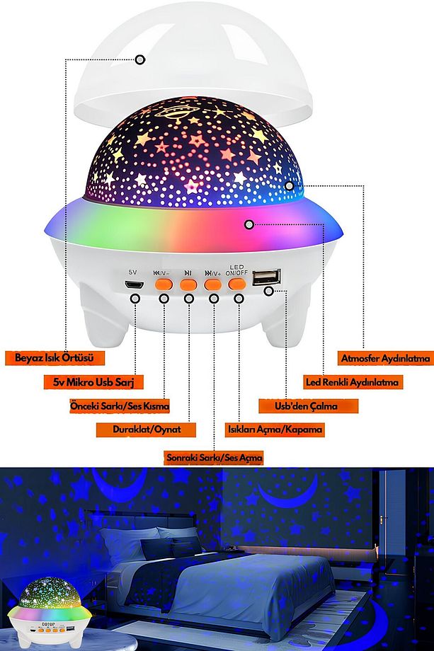 Ay-Yıldız Işıklı Atmosfer Gece Lambası Bluetooth Hoparlör Disko Topu Parti Ses Topu Led Lamba - 3