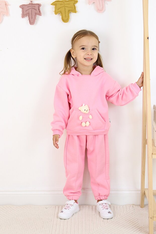 Girl's Teddy Bear Toy 3 Thread Ribbed Hooded Tracksuit Set