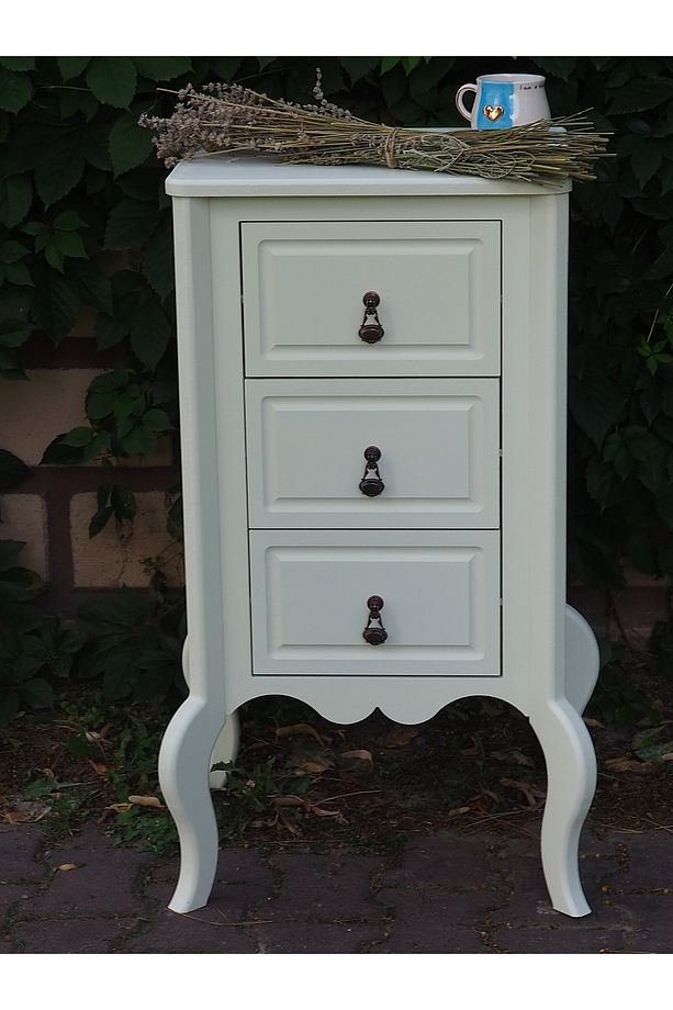 Krem Eskitme 3 çekmeceli Ahşap Vintage Komodin - 8