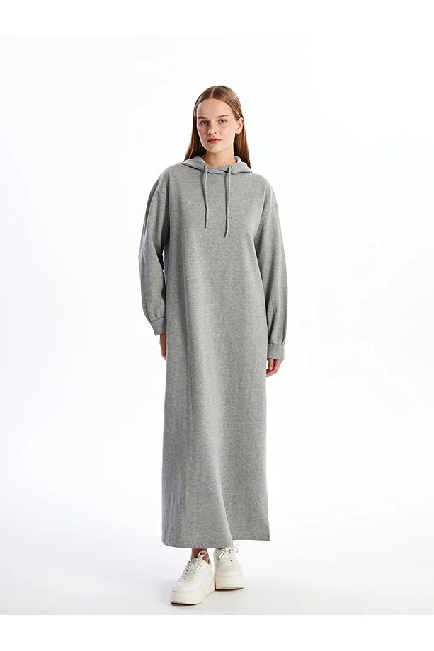 LCW Modest Gri Melanj Kapüşonlu Oversize Kadın Sweatshirt Elbise - 1