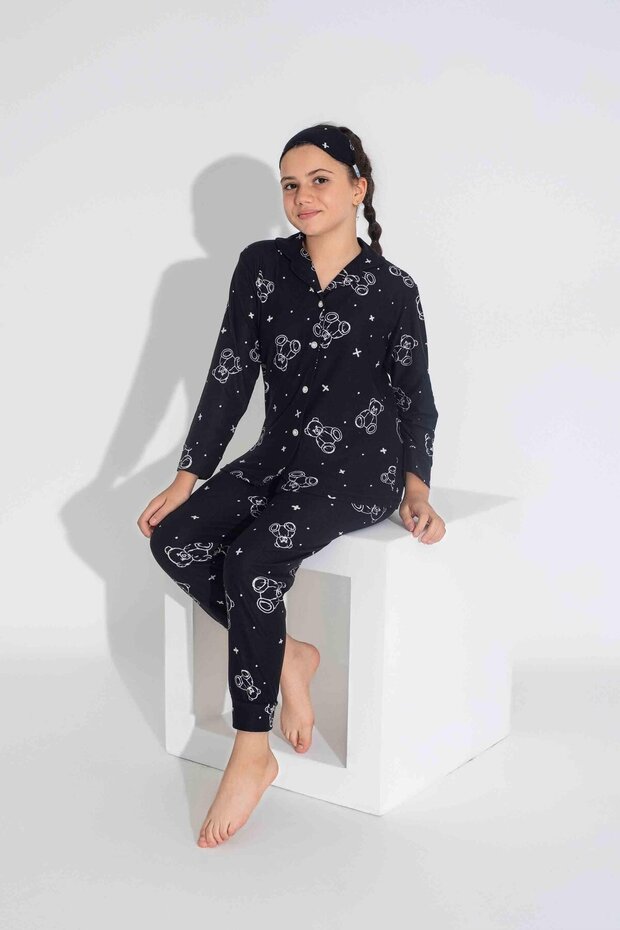 New Season Autumn/Winter Girls Teddy Bear Patterned Suede Pajama Set 2724-9 Black