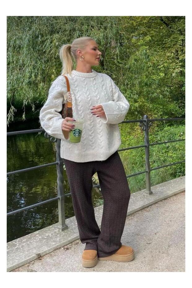 Ekru Bisiklet Yaka Örme Triko Kazak - 5