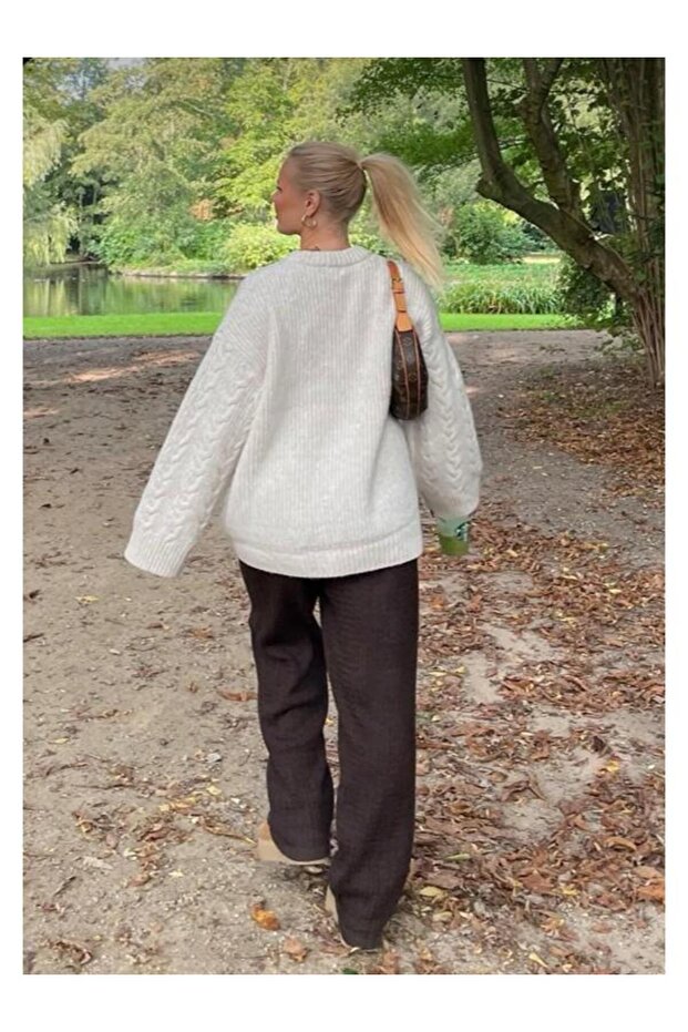 Ekru Bisiklet Yaka Örme Triko Kazak - 6