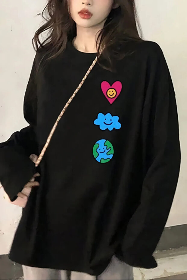 Black Unisex Heart Cloud World Long Sleeve T-Shirt