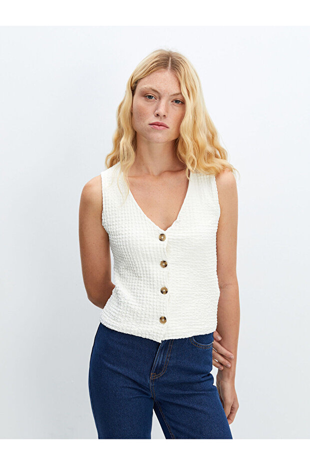 Ecru V-Neck Textured Women's Tank Top