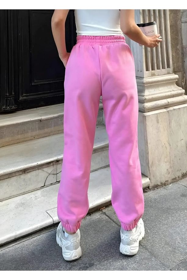 Oversize Kışlık Eşofman Altı Jogger Şardonlu 3 Iplik- Yüksek Bel Lastik Paça Pembe Fiyonk - 2