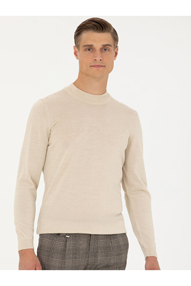 Beige Slim Fit Quarter Turtleneck Sweater 50276521-Vr011