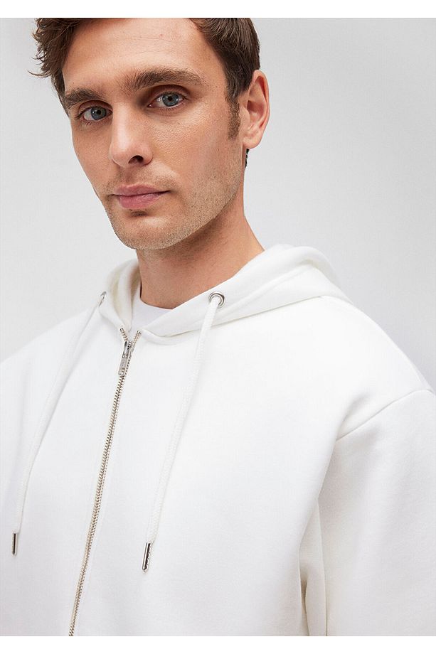 Kapüşonlu Fermuarlı Beyaz Basic Sweatshirt 0s10277-70057 - 5