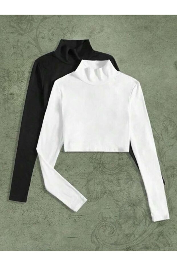 2-Piece Women's Black Ribbed Half Turtleneck Camisole Crop Body Blouse