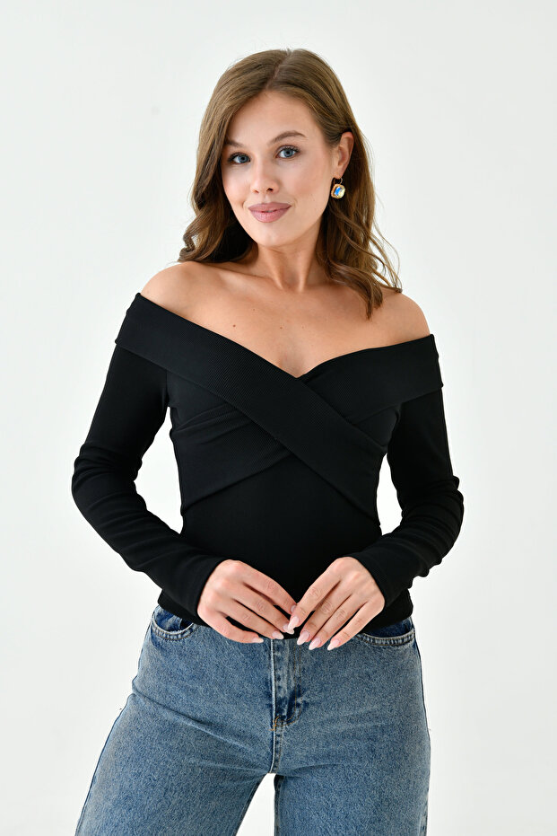 Women's Cross Band Design Strapless Collar Black Basic Blouse 12748
