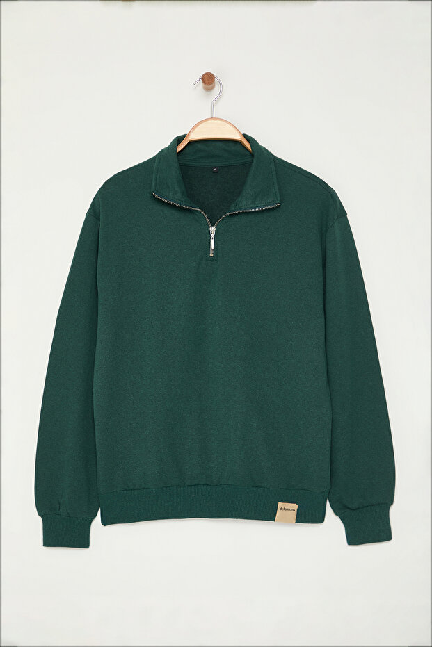 Zümrüt Oversize/Geniş Kesim Dik Yaka Fermuarlı Etiketli İçi Polarlı Sweatshirt TMNAW25SW00168 - 6