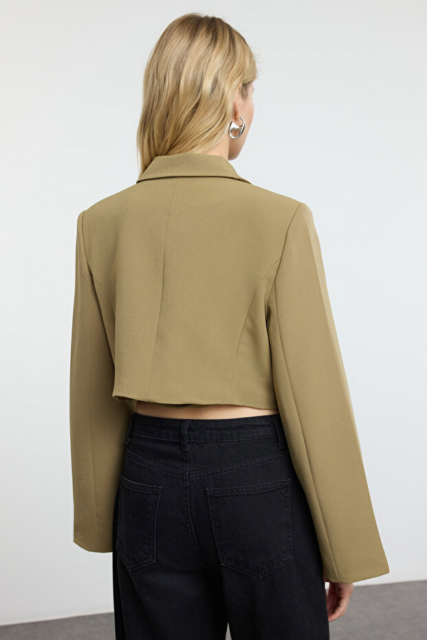 Açık Haki Crop Astarlı Kruvaze Dokuma Blazer Ceket TWOAW23BC00076 - 5