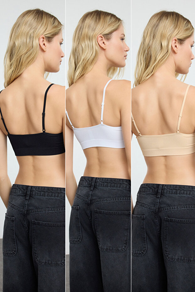 Çok Renkli 3'lü Paket Seamless/Dikişsiz Balensiz Kapsız Askılı Örme Bralette Sütyen THMAW25SU00020 - 2
