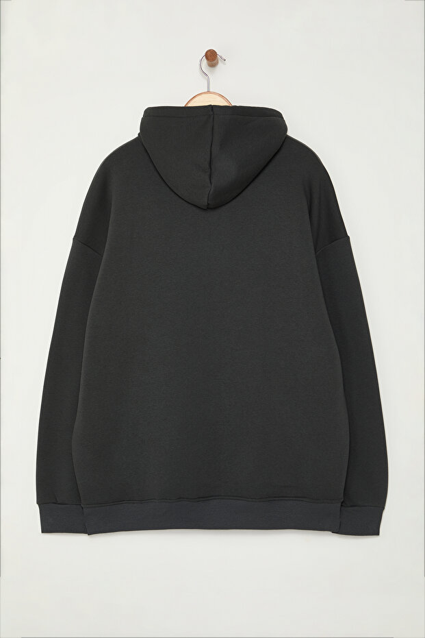 Büyük Beden Antrasit Oversize İçi Polar/Sıcak Tutan Nakışlı Sweatshirt TMNAW25AO00057 - 4