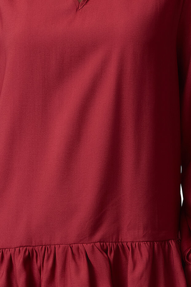 Bordo Shift/Düz Kesim V Yaka Eteği Volanlı Belmando Mini Dokuma Elbise TWOAW25EL00235 - 4